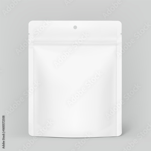 Realistic stand up pouch bag with hole slot mockup. Front view. Vector illustration isolated on grey background. Ready for your design. EPS10.