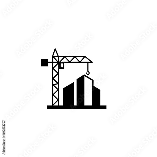 Modern construction site with a tall crane lifting building materials next to unfinished skyscrapers against a white background.