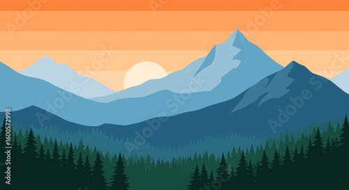 Serene Mountainscape with Forest and Rising Sun in a Flat Design Style.
