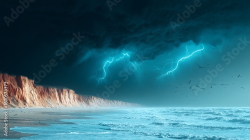 Dramatic Thunderstorm with Lightning Over Ocean and Shoreline