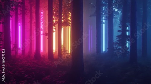 A mystical forest illuminated by neon lights. Vibrant colors reflect on the trees. Embrace the enchanting atmosphere of nature. Generative AI
