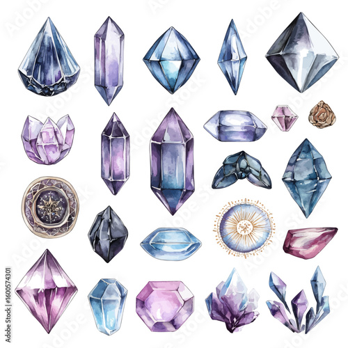 My Watercolor hand-painted collection with mystical crystals gemstones painting illustration isolated on a white background, vector illustration, AI painting design, EPS format design