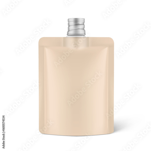 Kraft pouch bag with central recyclable spout mockup. Vector illustration isolated on white background. Front view. Can be use for template your design, presentation, promo, ad. EPS10.
