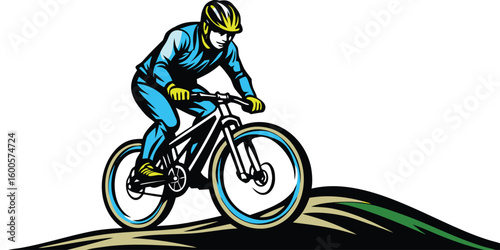 Man in helmet riding a mountain bike downhill on a grassy hill.eps