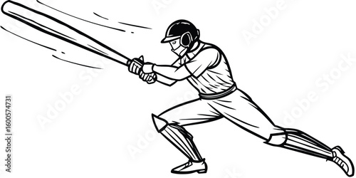 Baseball player in uniform swinging a bat with motion lines in a dynamic action pose.eps