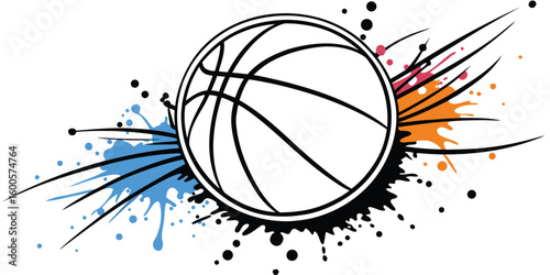 Dynamic basketball graphic with colorful paint splatters and energetic lines.eps