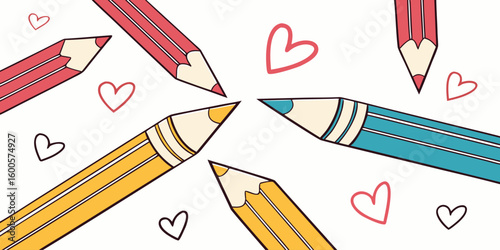 Colorful pencils arranged in a circle with hand drawn hearts on white background.eps