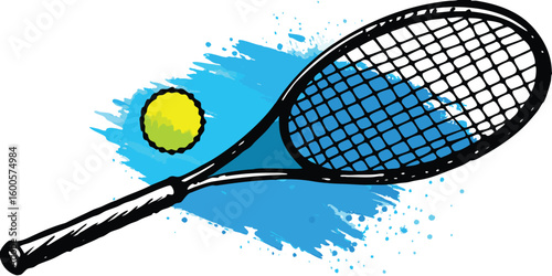 Dynamic tennis racket and ball illustration with energetic blue paint splatter background.eps
