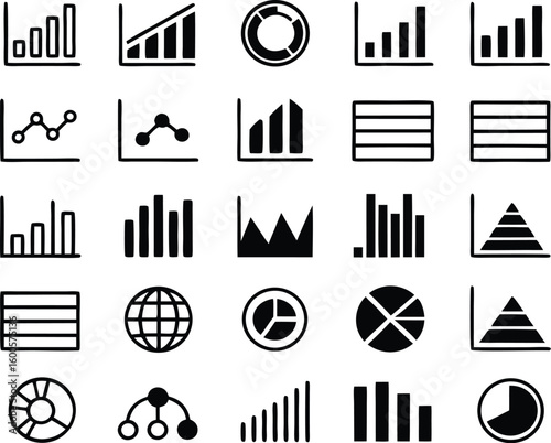 Collection of business and financial chart icons silhouette