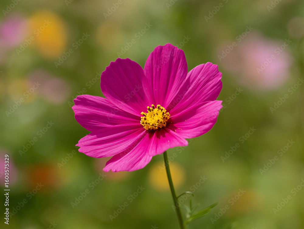 Obraz premium Isolated Pink Cosmos Flower with Yellow Center and Blurred Background