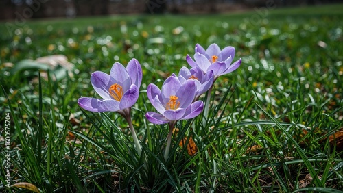 Crocuses blooming on fresh green grass with soft sunlight illuminating petals in early spring season environment