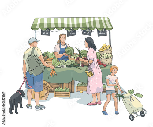 Farmers market scene with man and women buying fresh vegetables and fruits from local vendor. Market stall is filled with organic produce. use in eco-friendly, local food, farming, family lifestyle
