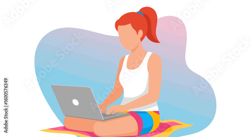 Woman working on laptop, freelance, remote work, digital nomad, illustration for website or blog.
