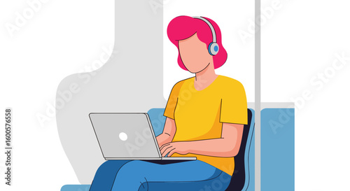 Young woman working on laptop while commuting, perfect for blog posts about remote work or modern lifestyles.