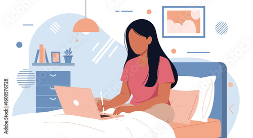 Woman working on laptop in bed, perfect for blog posts about remote work or work-life balance.