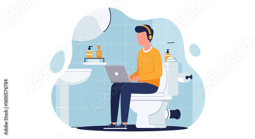Man working on laptop while sitting on toilet in bathroom - Illustration for blog, article or website.