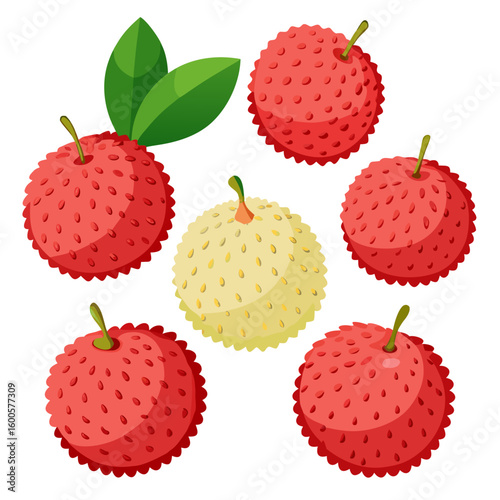 A vibrant collection of lychee fruits showcasing their unique texture and color variations with one peeled lychee and a lychee with leaves all set against