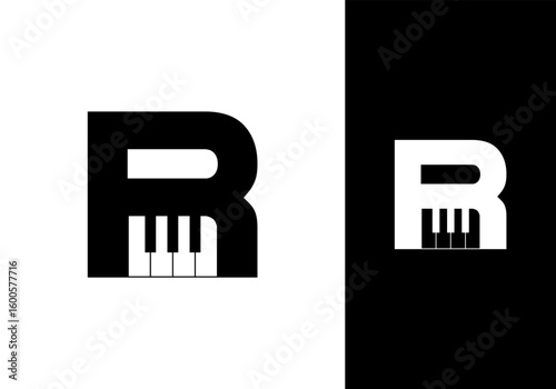 Abstract Initial letter R and Piano logo design vector illustration