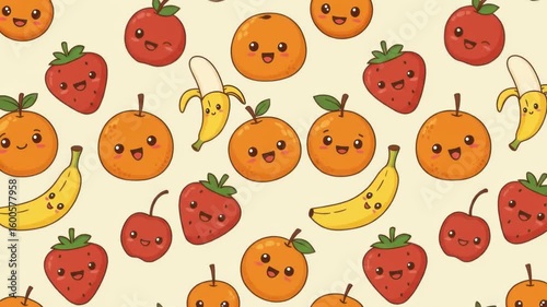 A cheerful pattern featuring cartoon oranges, strawberries, bananas, and apples with happy faces on a light beige background