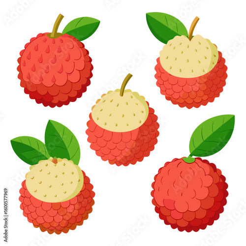 A vibrant collection of lychee fruits some whole and others partially peeled showcasing their textured red skin and creamy white flesh accompanied by lush green