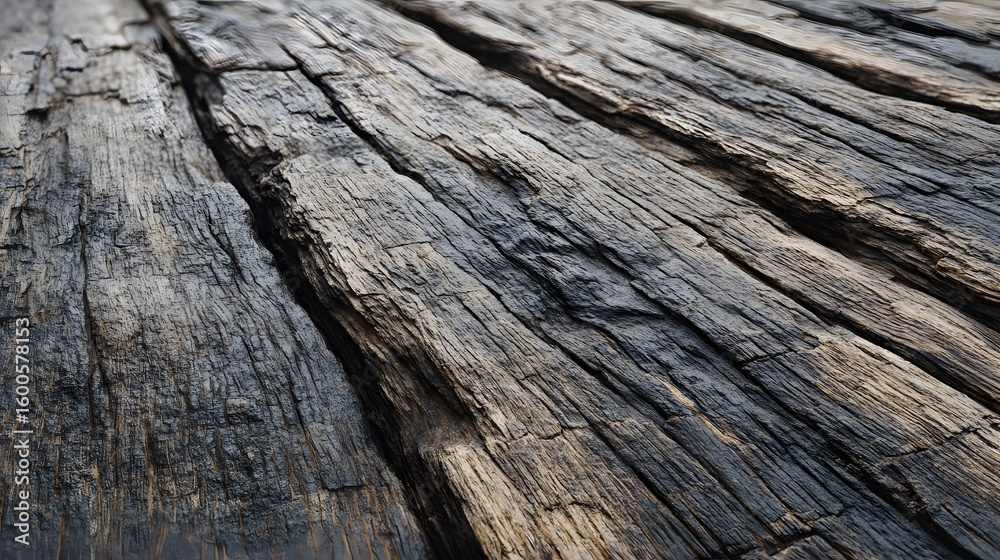 Close-up of weathered wooden planks showing cracks and texture in natural light. Close-up of weathered wooden planks showing cracks and texture in natural light.