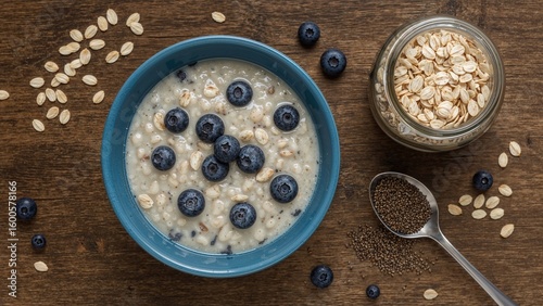 Blue ceramic bowl filled with blueberry oatmeal porridge alongside a glass container of oat flakes and a spoonful of chia seeds on a wooden surface. Concept of nutritious food. Overhead shot.