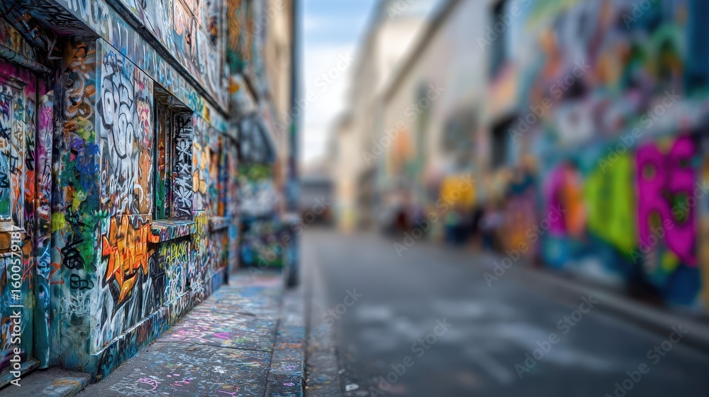 Fototapeta premium Graffiti-covered walls line a narrow city street.