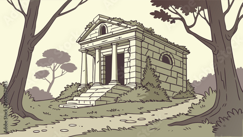 Illustration of an ancient tomb building ruins with trees and nature landscape vector art design style