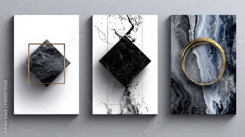 Luxurious abstract art trio, gold framed paintings with black marble accents for modern interior design