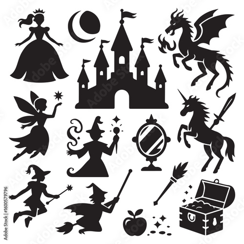 Vector art of a magical collection of fantasy silhouettes including a princess, castle, dragon, unicorn, fairy, and witch with various magical elements