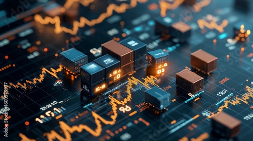 Market trends analysis featuring shipping containers and data visualizations in a digital environment