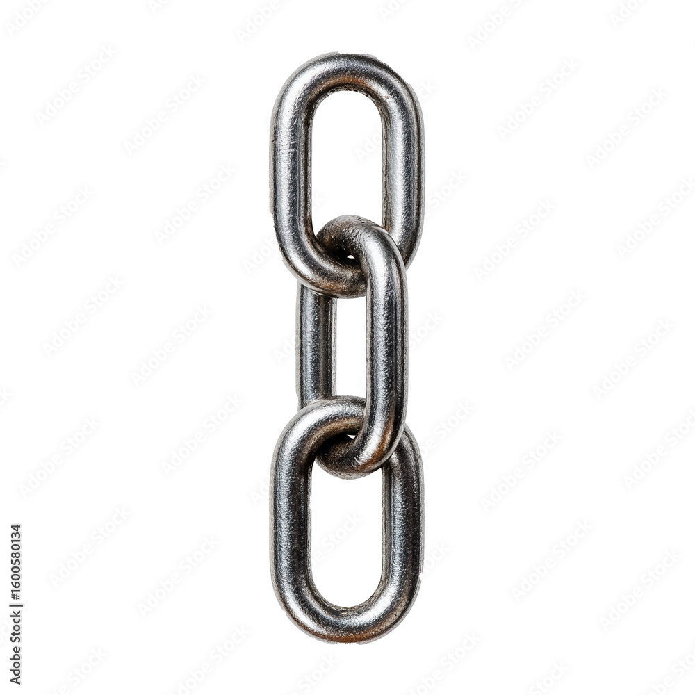 Obraz premium Strong, polished metallic chain link, symbolizing connection, security, industrial strength, or an unbreakable bond, ideal for engineering themes, abstract concepts, or graphic design elements. 