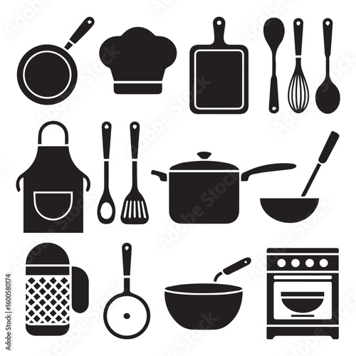 Vector art of an extensive collection of black silhouette kitchen icons featuring cookware, utensils, chefs hat, apron, and oven for culinary endeavors