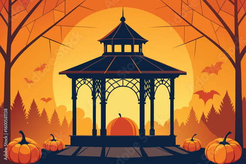 a spider web covered gazebo with pumpkins  suitabl (1).eps