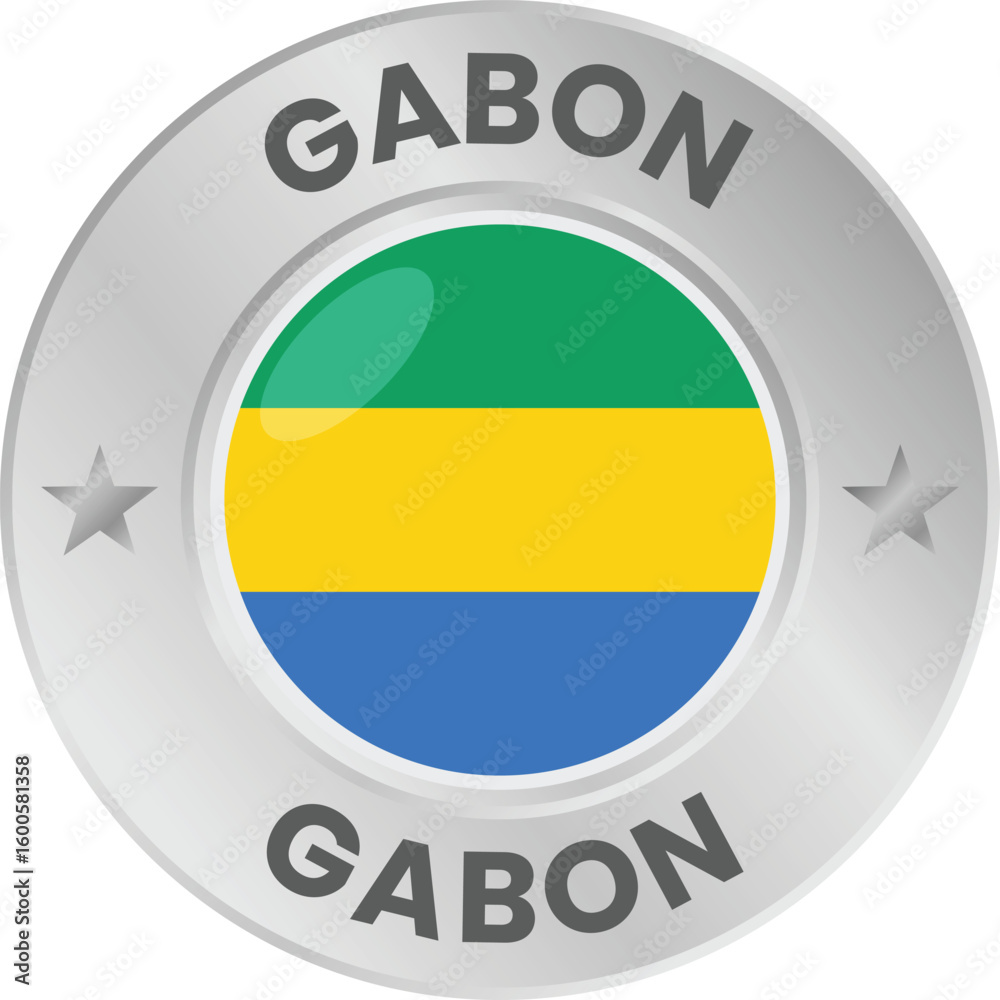 Fototapeta premium Gabon flag in silver colored medal. National flag in metal circle emblem.