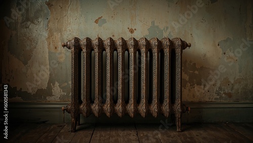 Antique cast iron heating radiator coated in bronze paint for steam or hot water systems