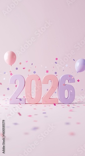 Number 2026 with pink purple balloons and colorful confetti on soft pastel background. New Year celebration design with festive party decorations creating joyful holiday atmosphere