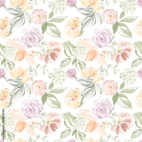Wallpaper Mural Watercolor floral seamless pattern with pale leaves and flowers. Botanical texture for textile, fabric, or wallpaper. Muted pastel garden background with organic branches and foliage. Torontodigital.ca