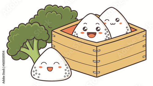 Cute onigiri rice balls in wooden box with broccoli illustration for japanese food lovers and kawaii art