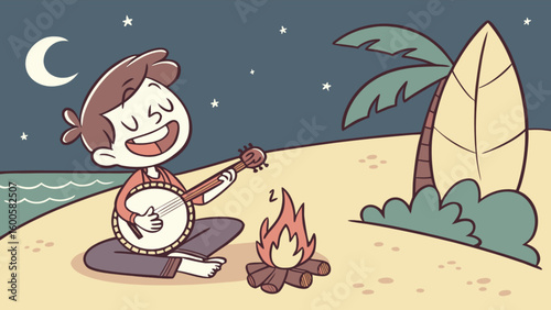 Boy playing banjo on beach at night around campfire under moonlight cartoon vector illustration art