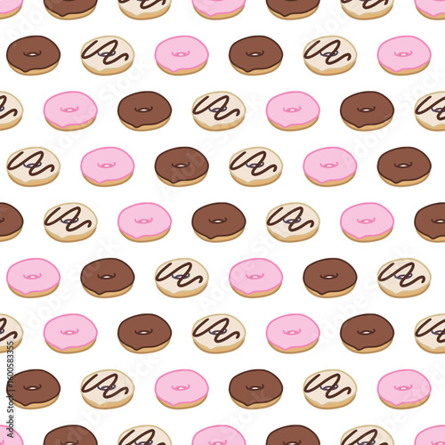 Colorful Glazed Cute Donuts Sweet Dessert Pattern. Perfect for food-themed, packaging, wrapping paper, cafe menus, etc
