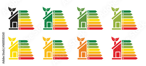 Set home energy efficiency rating icon. Energy efficiency rating indicator from highest to lowest. Renewable energy home. Vector illustration