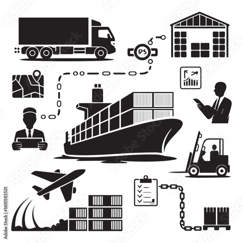 Vector art of logistics and supply chain icons showing transportation methods and cargo handling