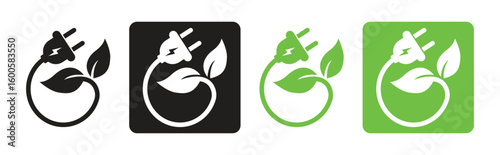 Renewable energy power plug icon set. Renewable, eco-friendly power plug concept with leaves. Vector illustration.