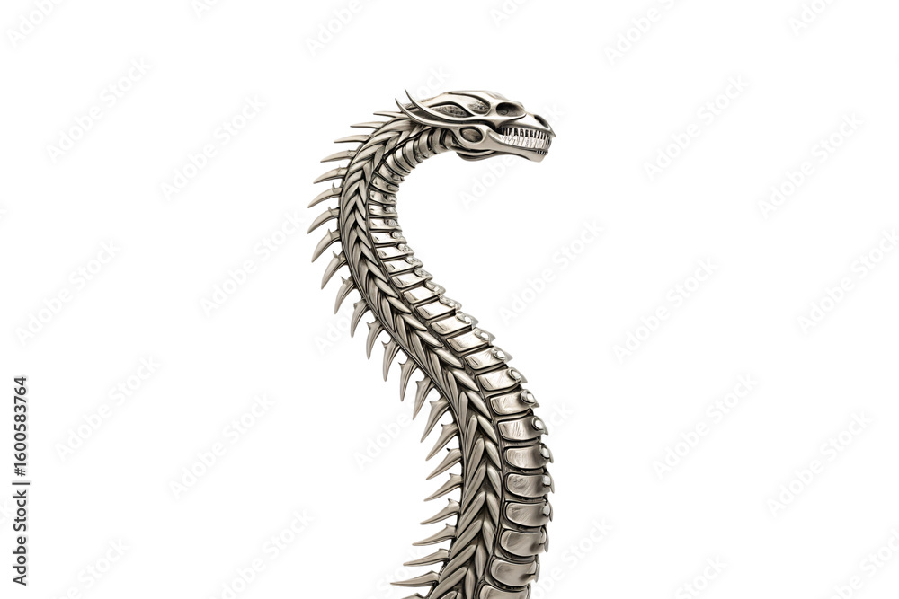 Fototapeta premium Detailed metallic dragon skeleton head with intricate bone structure and ornate vertebrae spine design, isolated on a transparent background