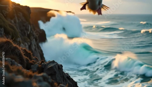 Albatross jumping off cliff to fly