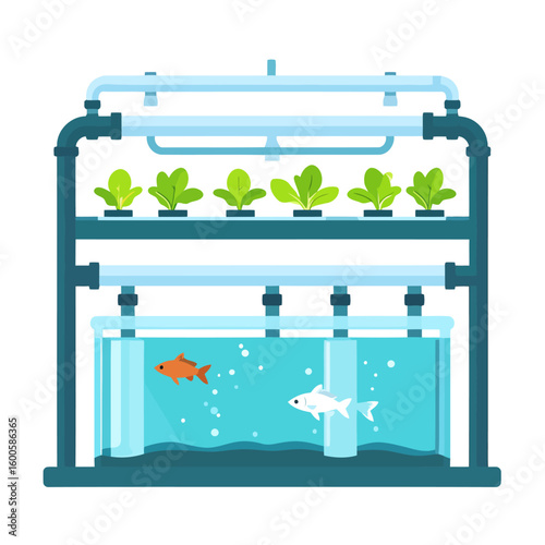 Aquaponics system illustration with a fish tank, water pipes, and a hydroponic plant bed for symbiotic farming.
