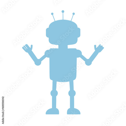 Friendly light blue robot silhouette with raised arms and three antennae on its head.