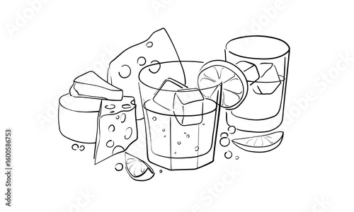 Alcoholic glasses with sliced cheese, continious line drawing. Cheese and lime outline. Vector illustration