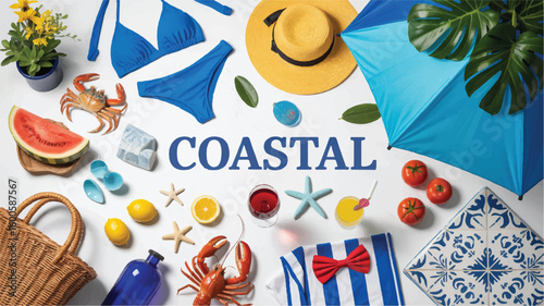 A flat lay illustration of coastal and Mediterranean elements arranged in a horizontal composition. The word COASTAL appears in blue letters in the center 